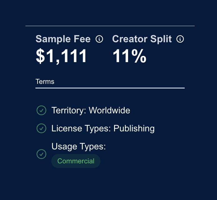 Custom licensing terms showing sample fee, creator split, territory, license type and commercial usage